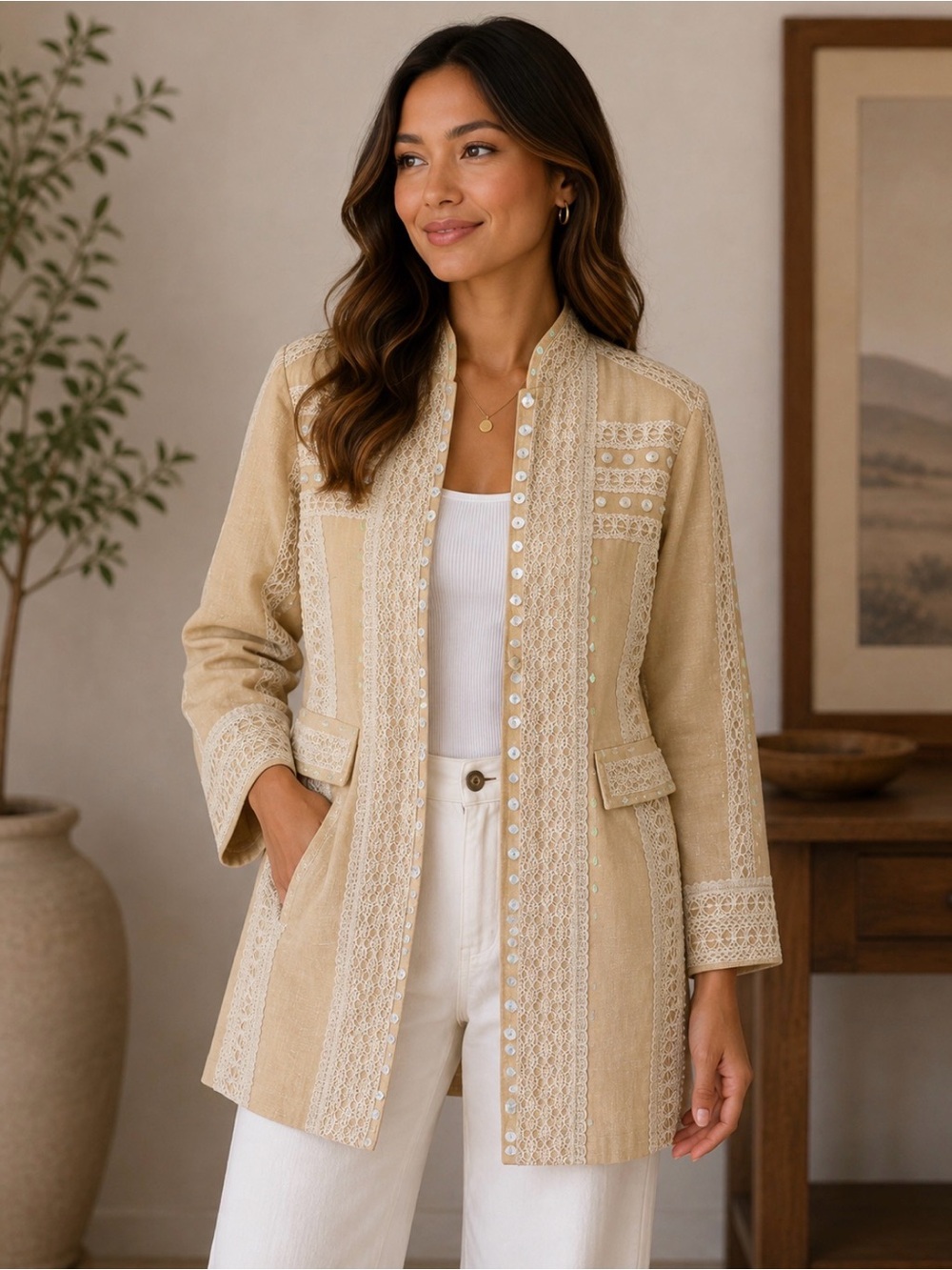 Embroidered Beige Women's Coat with Lace Trim